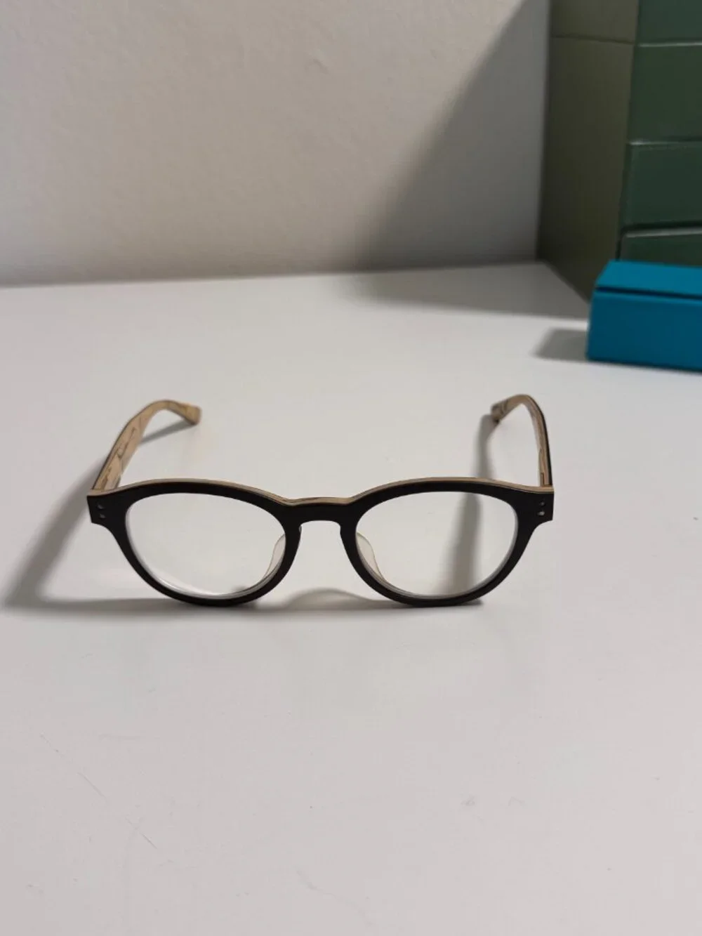 Two-Tone Faux Wood Plastic Eyeglass Frame | Buyer Replaces Prescription Lenses